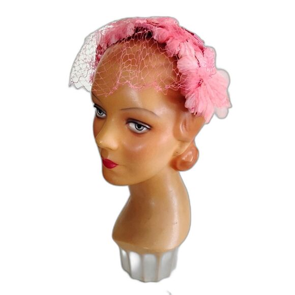 50s 60s Vintage Pink Floral Headband Style Hat - Picture 1 of 4